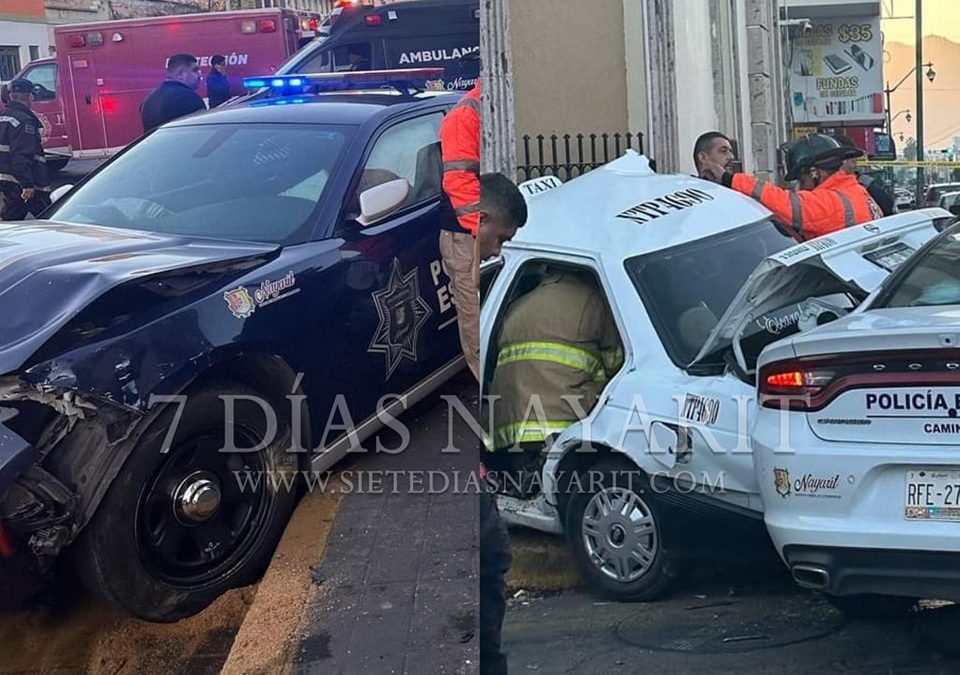 TAXÍ QUEDA DESTROZADO TRAS ACCIDENTE EN TEPIC; HAY 5 LESIONADOS.